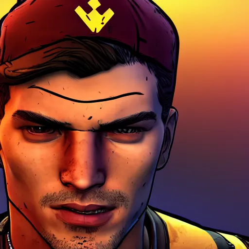 Image similar to max verstappen portrait, borderlands, tales from the borderlands, the wolf among us, comic, cinematic lighting, studio quality, 8 k