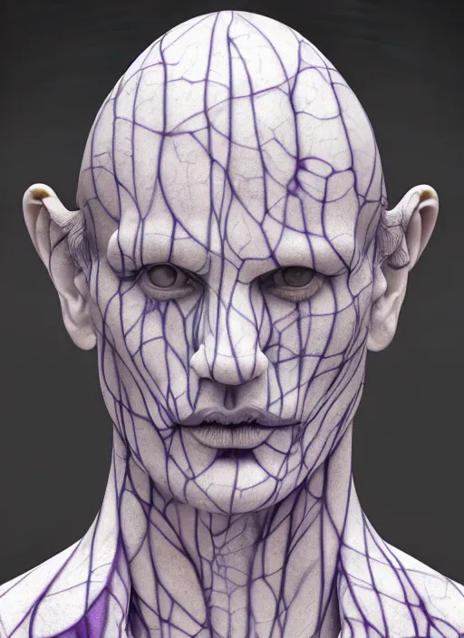 Image similar to a statue made of white marble with purple veins, of waluigi, transhumanism, full body shot, perfect symmetrical body, perfect symmetrical face, hyper realistic, hyper detailed, by johannen voss, by peter kemp, by monia merlo, by michelangelo, by ernst haeckel, by alex grey, octane render, blender, 8 k