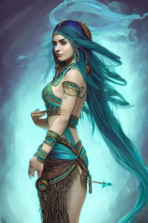 Image similar to beautiful sorceress female with teal colored skin, full body shot, long hair made of kelp, egyptian clothing, carrying a crystal stuff, d & d, fantasy, intricate, elegant, highly detailed, digital painting, artstation, concept art, matte, sharp focus, illustration, hearthstone, art by artgerm and greg rutkowski and alphonse mucha