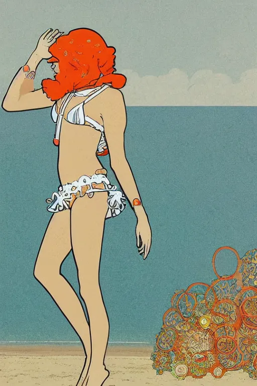 Prompt: A girl in a white lacy bikini and white sun hat and Holding a heart-shaped lifebuoy, jumping for joy,long orange hair floating on air ,Waves and splashes,beach,geometric shapes, hard edges ,Smooth visual lines,,graphic Design by mucha