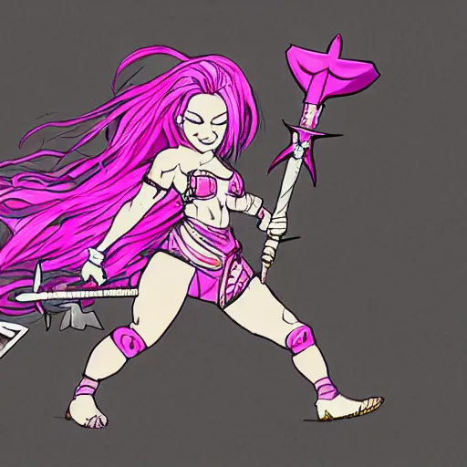 Prompt: pink haired female goddess with a giant metallic battle axe stepping on a small pink pink cat