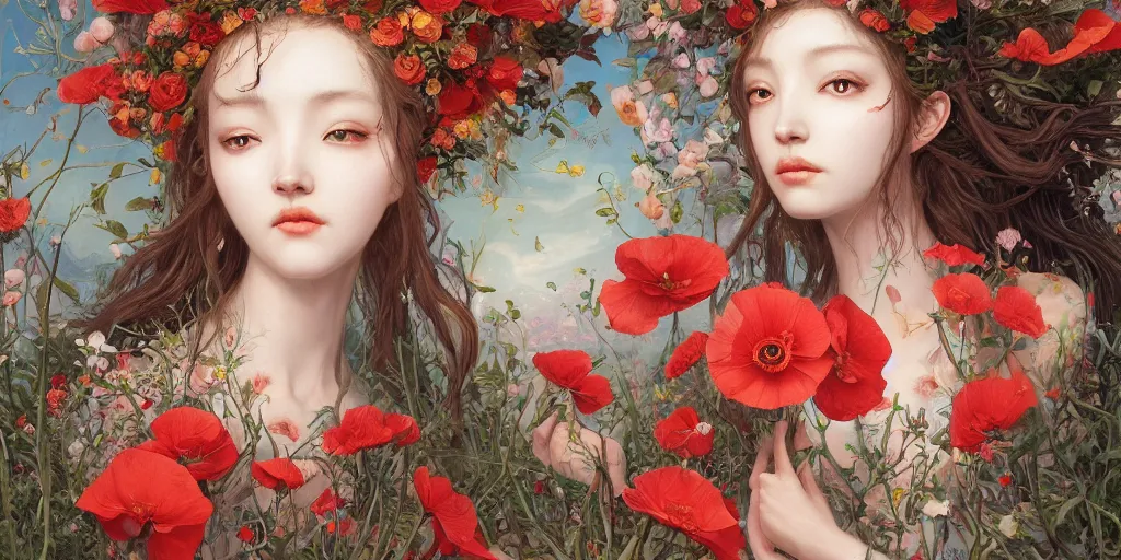 Image similar to breathtaking detailed concept art painting of the goddess of poppy flowers, orthodox saint, with anxious, piercing eyes, ornate background, amalgamation of leaves and flowers, by hsiao - ron cheng and john james audubon and miho hirano, extremely moody lighting, 8 k