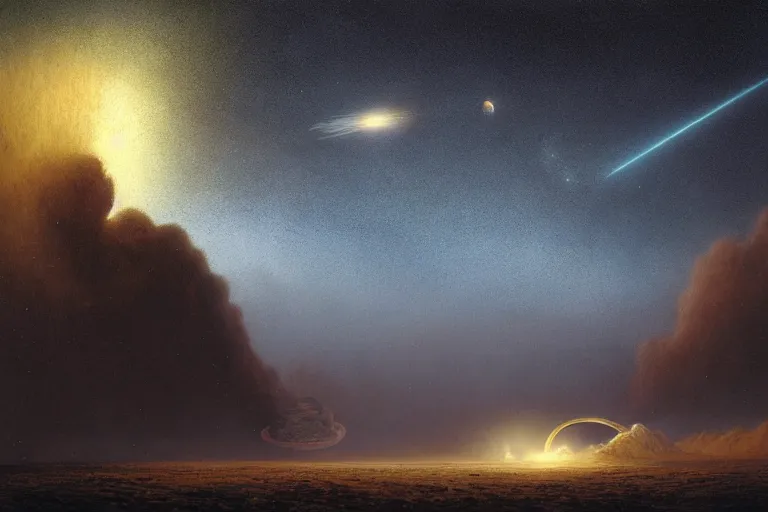 Image similar to A large comet hitting Earth, Les Edwards, Zdzislaw Beksinski, Carl Gustav Carus, John Harris, Michal Karcz, Zhang Kechun, Mikko Lagerstedt, Scott Listfield, Steven Outram, Jessica Rossier