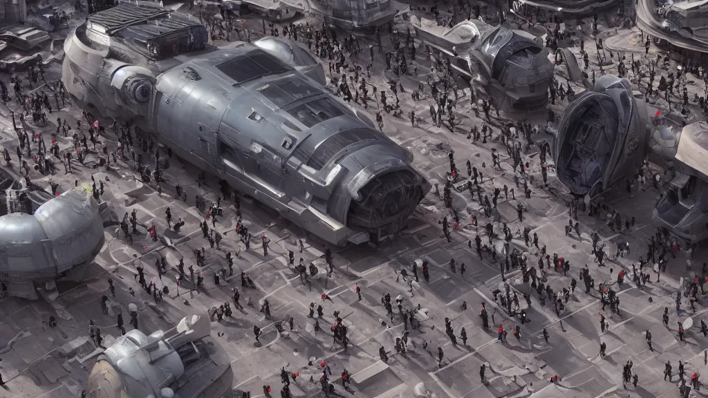 Prompt: a horde of people around a spaceship in a post-apocalyptic city, low angle, flying spaceships in background, hyperrealistic, Cinema4D 8k UHD