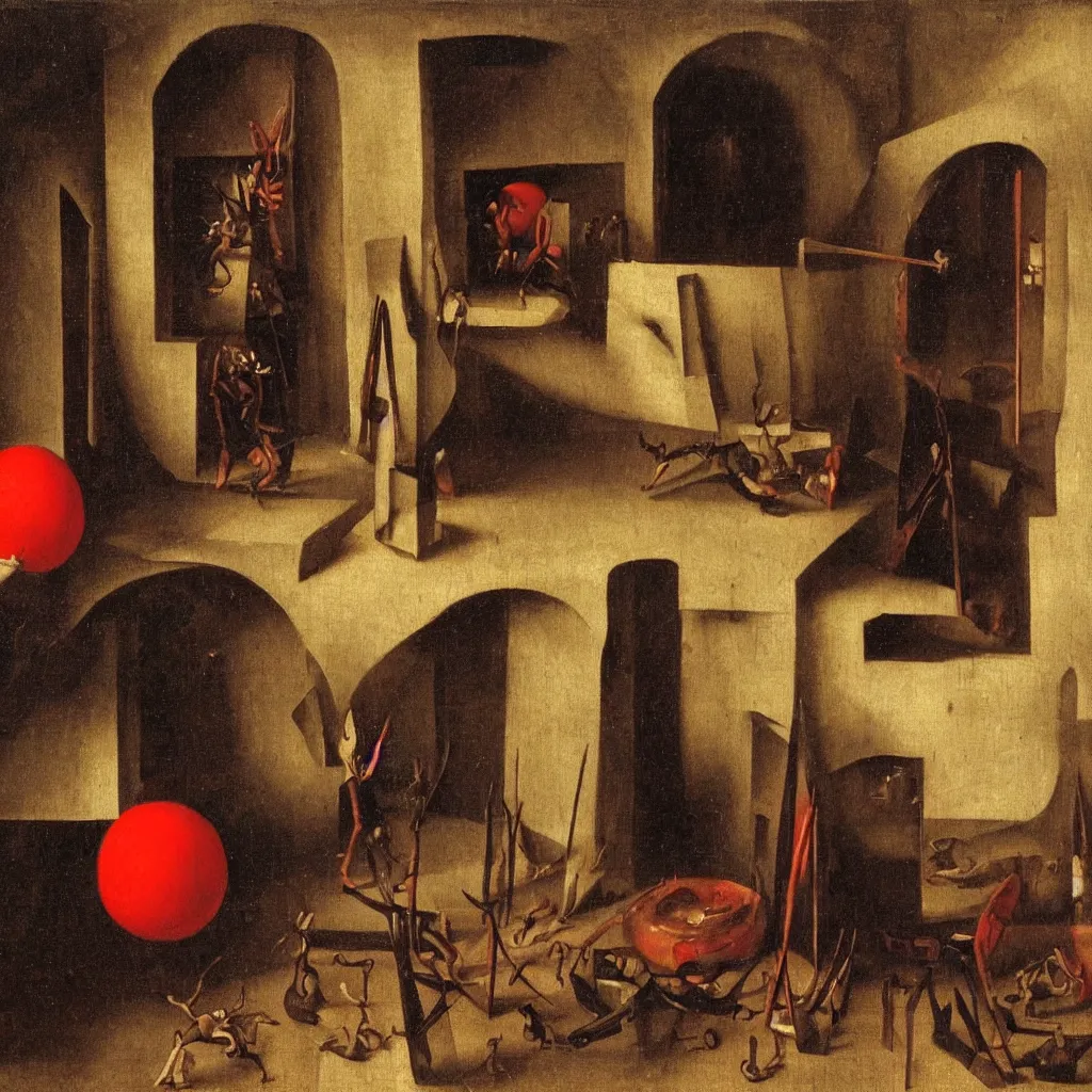 Image similar to dark, gloomy room. on the wooden floor lay red ball. volumetric lighting coming from the broken window. broken photos in frames on walls. chaotic view. creepy feeling. tiny spider hiding in the shadows. hans memling. oil painting.