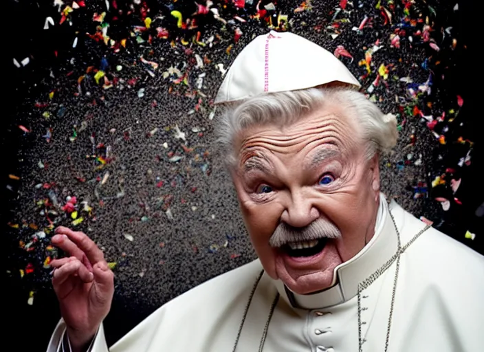 Image similar to photo still of rip taylor as the pope!!!!!!!! at age 5 4 years old 5 4 years of age!!!!!!! throwing confetti from a bucket at church, 8 k, 8 5 mm f 1. 8, studio lighting, rim light, right side key light