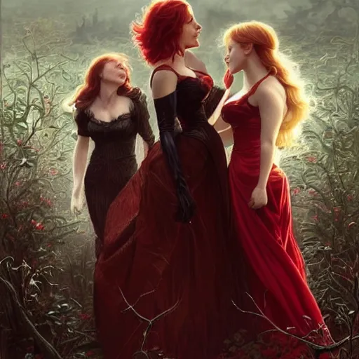 Image similar to a highly detailed portrait of scarlett johansson and emma watson and christina hendricks as polyamorous red haired vampire queens kissing in the rain and wearing a blood red dress, epic fantasy, viewed in profile from far away, ultrawide lens, art by artgerm and greg rutkowski and alphonse mucha, volumetric lighting, 4 k resolution, trending on artstation, masterpiece