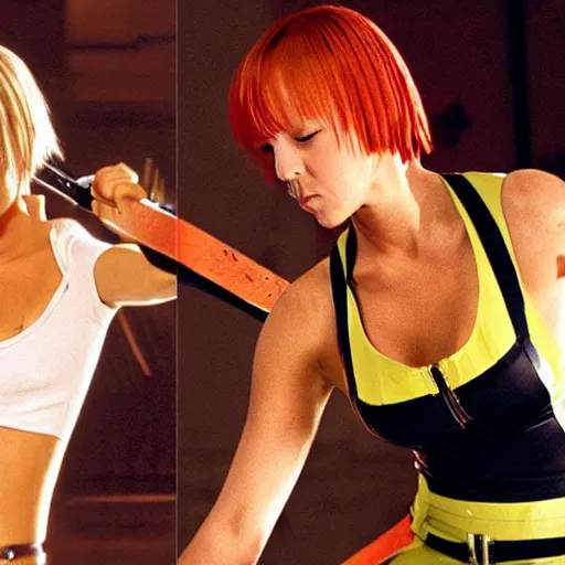 Prompt: leeloo from fifth element fighting beatrix kiddo from kill bill with mantis blades