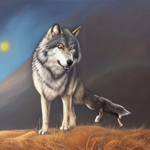 Image similar to the wolf and the raven, oil on canvas