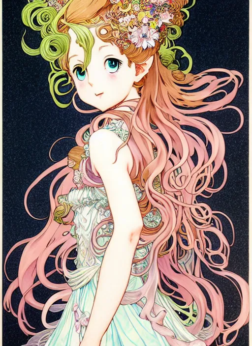 Prompt: exquisite imaginative manga poster of a fairy princess, long wavy hair, rococo ruffles dress, shimmering, by shigenori soejima, minaba hideo, katsuhiro otomo, alphonse mucha, jump comics, illustration, artstation, pixiv, dark fantastic, highly detailed, 8 k, fluorescent, fluorescent, maximalist