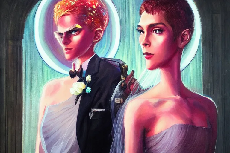 Image similar to wedding day 🫀👩🏾, futuristic wedding dress, neon god of city character portrait, in the style of margaret keane, moebius, tom bagshaw, and waterhouse, cinematic lighting, beautiful, elegant, oil painting,