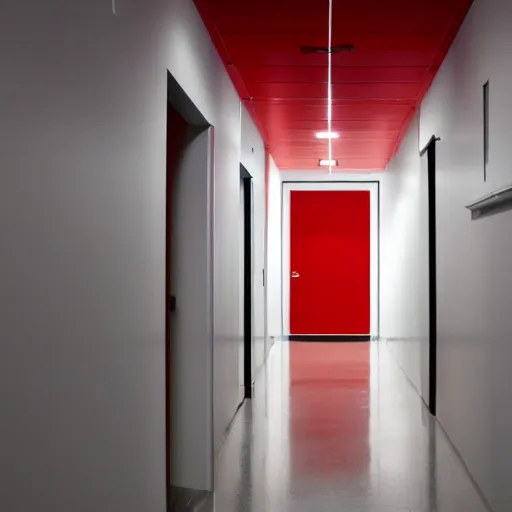 Image similar to a long featureless white office hallways with one red door at the end, liminal space,