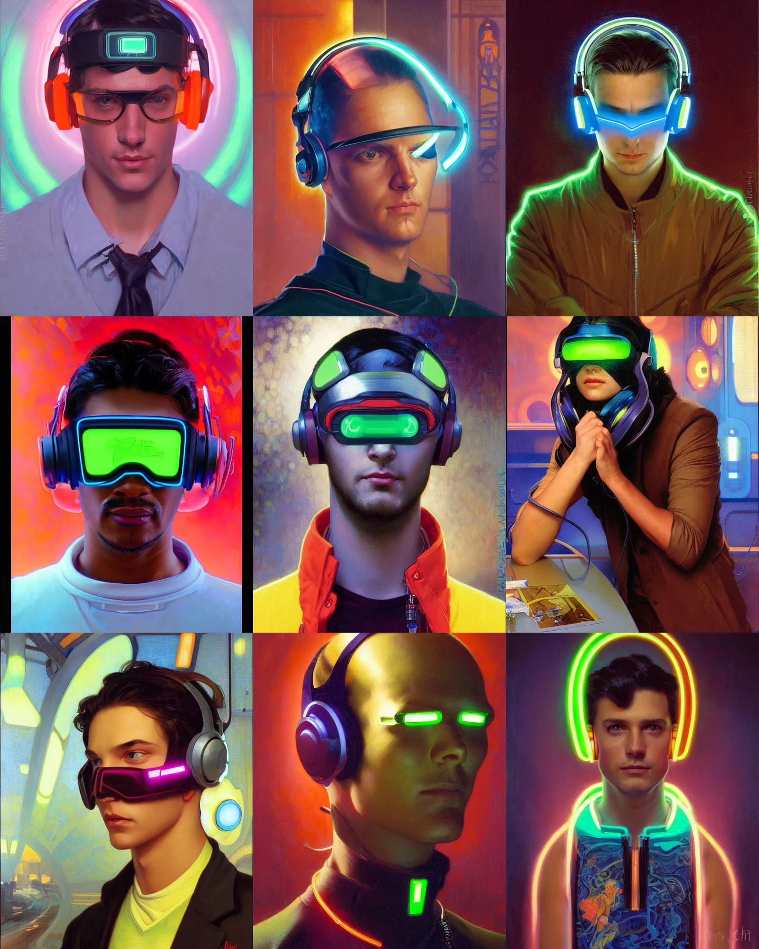 Prompt: neon stylish cyberprogrammer with glowing geordi visor over eyes and sleek headphones headshot portrait painting by donato giancola, rhads, loish, alphonse mucha, mead schaeffer fashion photography