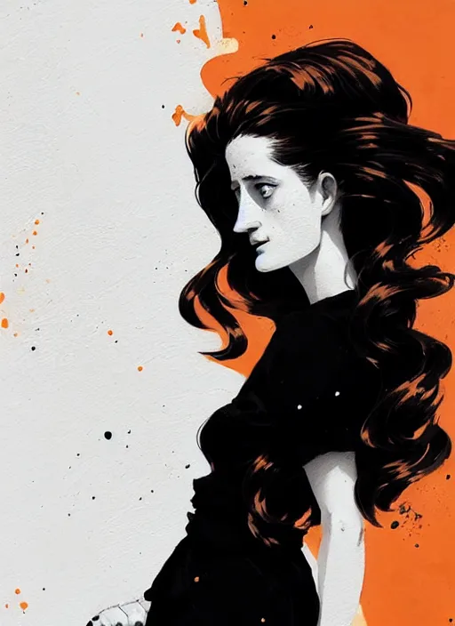 Image similar to highly detailed closeup portrait of beautiful grace gummer as dom dipierro, wavy ginger hair, black dress, by atey ghailan, by greg rutkowski, by greg tocchini, by james gilleard, by joe fenton, by kaethe butcher, gradient orange, black and white color scheme, grunge aesthetic!!! ( ( graffiti tag wall background ) )