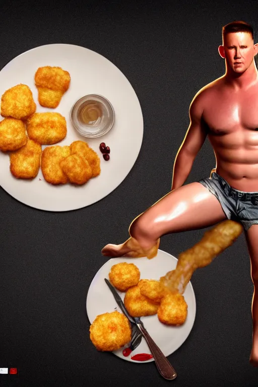 Prompt: a full body shot of channing tatum as half human and a tater tot on a plate, ef 8 5 mm f 1. 8 usm, bionic scifi alexandre ferra, hyper detailed, digital art, trending in artstation, cinematic lighting, studio quality, smooth render, unreal engine 5 rendered, octane rendered