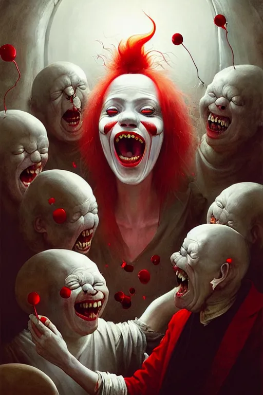 Image similar to hieronymus bosch, greg rutkowski, anna podedworna, painting of thousands of white blobs with red hair laughing at a female vampire clown in a vr headset