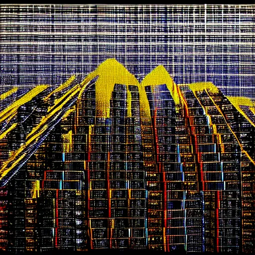 Image similar to a mountain made out of computer screens that display bitcoin logos, cinematic, post apocalyptic landscape, harsh contrast lighting, in the style of photorealism, made by richard estes robert cottingham gerhard richter robert longo ellen altfest