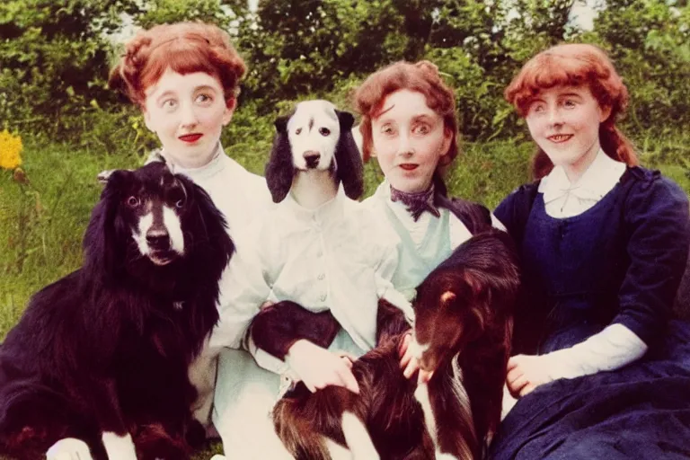 Image similar to autochrome photograph, family photo, anne of the green gables with her elder step parents, and a border collie sitted aside.