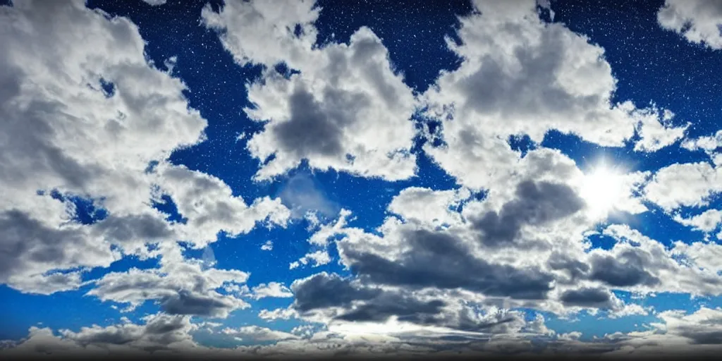 Image similar to skybox clear winter sky with puffy clouds, stars, moon, exr, hdri, polyhaven