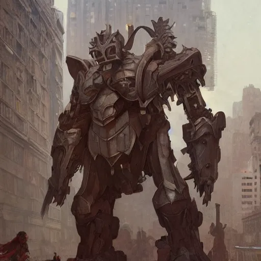 Image similar to giant humanoids covered in armor wandering between the buildings in a desolate and ruined new york, artstation, concept art, smooth, sharp focus, illustration, art by artgerm and greg rutkowski and alphonse mucha and william - adolphe bouguereau