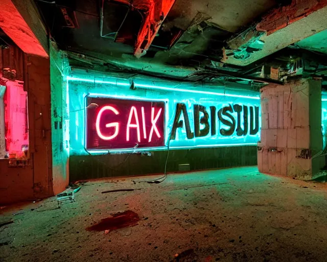 Image similar to An abandoned industial basement lit by a neon sign that says GAK, GAK sign, basement, cinematography by Robby Müller, GAK basement, industrial