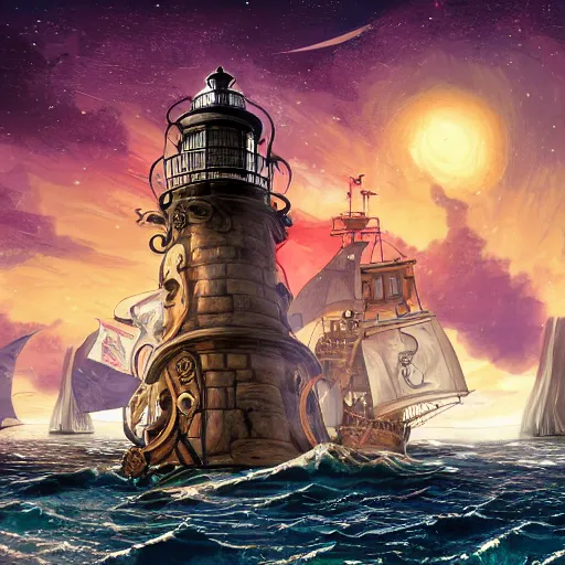 Image similar to pirates sailing the lighthouse in the middle of the galaxy , wide angle shot, diffuse lighting, fantasy, intricate, elegant, highly detailed, lifelike, photorealistic, digital painting, illustration, concept art, smooth, sharp focus, A24!film cinematography