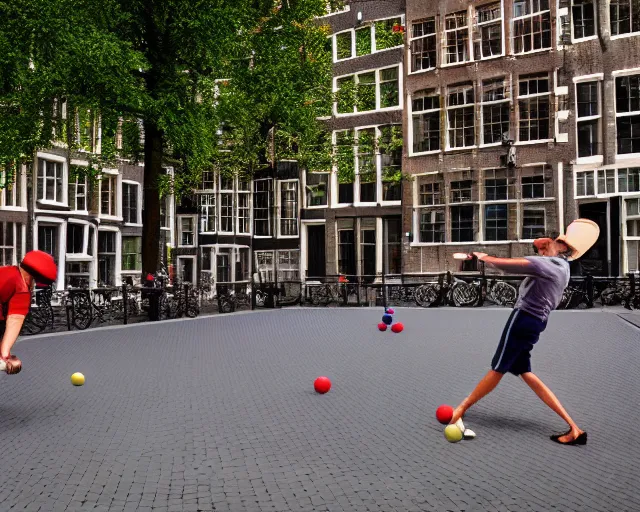 Prompt: playing petanque next to prinsengracht, intricate detail, beautiful aesthetic, cinematic still 8 k