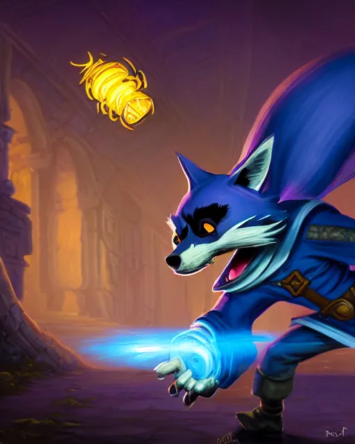 Image similar to closeup, highly detailed digital illustration portrait of hooded necromancer sly cooper rocket the raccoon casting a magical energy sparkling blue glowing spell in an ancient castle, action pose, d & d, magic the gathering, by rhads, frank frazetta, lois van baarle, jean - baptiste monge, disney, pixar,