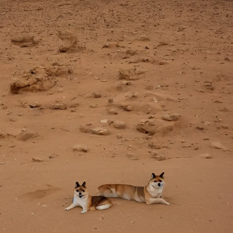 Image similar to in the middle of the egyptian desert, there is a shiba-inu sphinx