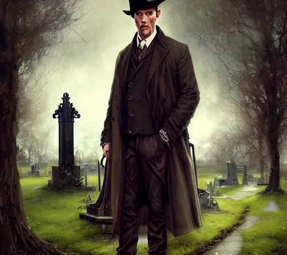 Image similar to sherlock holmes standing in a graveyard, soft colours, detailed, digital art, hd, by tom bagshaw, by fintan magee, by raymond swanland, by sherree valentine daines