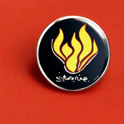 Prompt: a photo of a retro 7 0 s minimalistic clean fire warning enamel pin, studio lighting, behance