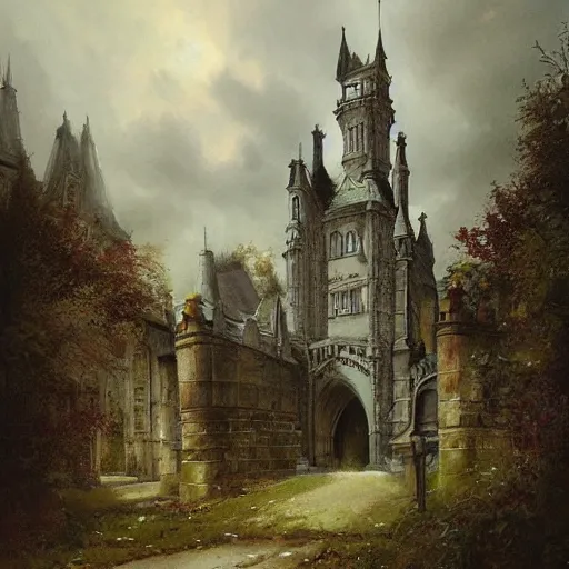 Image similar to Jean-Baptiste Monge and Alex Ross a artwork of a gothic revival castle gatehouse