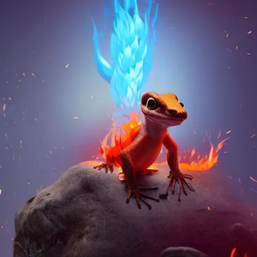 Image similar to cute salamander, fire on back, pet, mythical creature, digital art, raytraced, octane engine, high quality