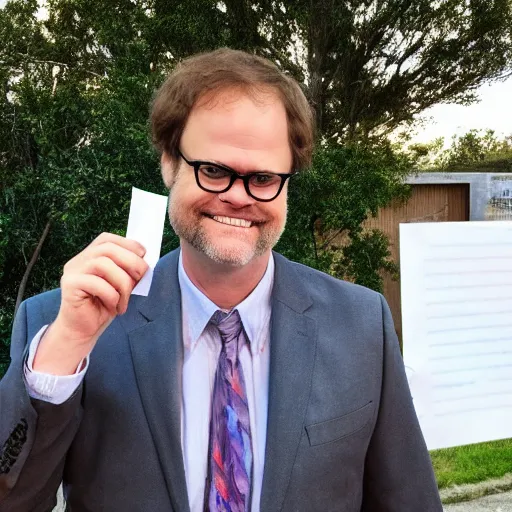 Image similar to proud rainn wilson holding a tiny piece of paper and a fish above his head by rubins