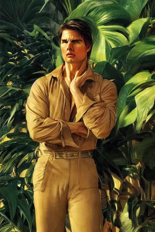 Prompt: tom cruise, golden hour, in a tropical garden by a pool, artstation, by j. c. leyendecker and peter paul rubens,