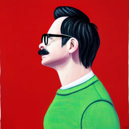 Prompt: An Oil Painting of the back view of Rivers Cuomo in a sweater with long hair and a mustache sweating bullets as he looks outside his window in front of him in his apartment to see kim jong un's nukes falling onto the city, hyperrealistic, extremely realistic, highly realistic, HD Quality, 4k resolution, 8k resolution, Detailed, Very Detailed, Highly Detailed, Extremely Detailed, Intricate Details, Real, Very Real, Oil Painting, Digital Painting, Painting, Trending on Deviantart, Trending on Artstation