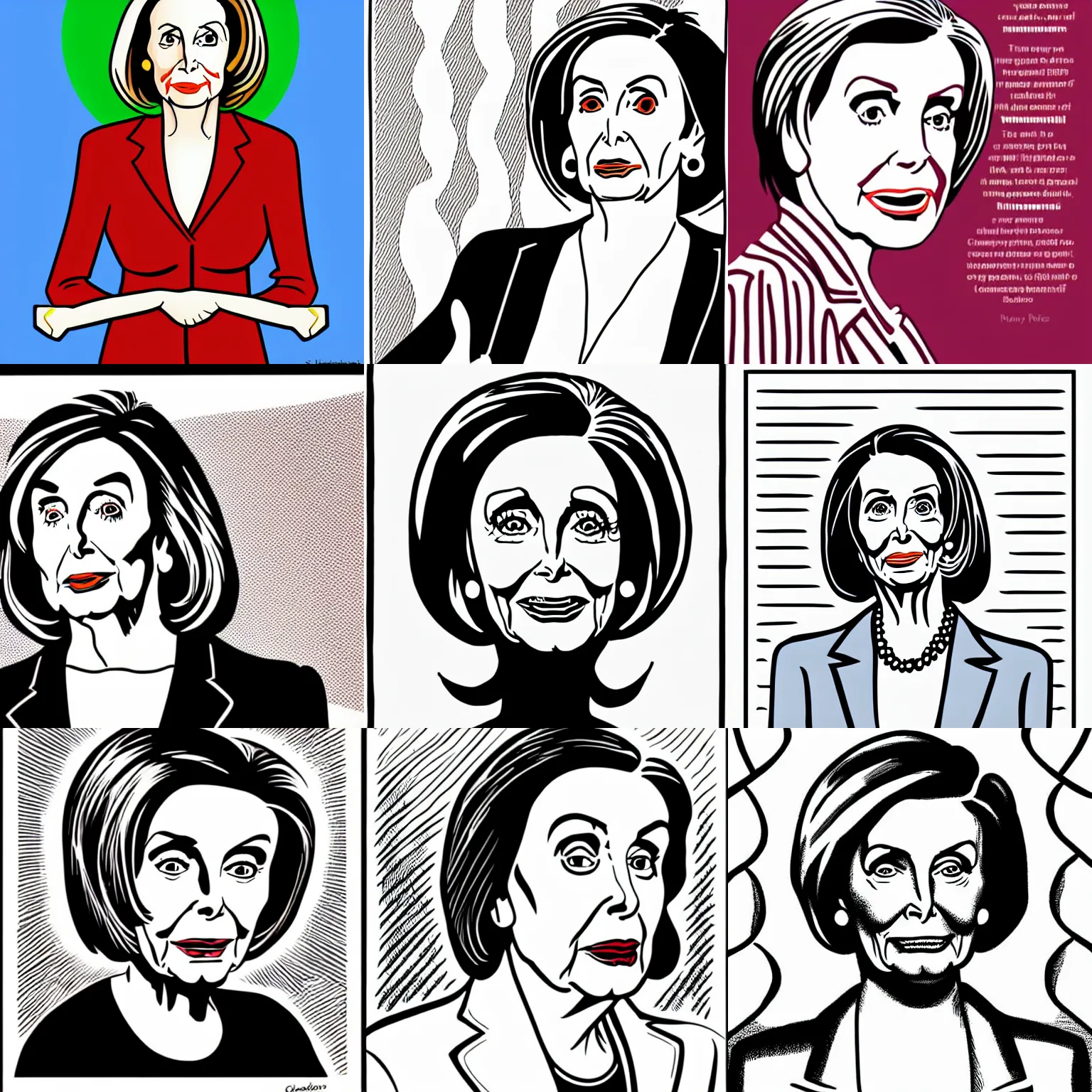 Prompt: nancy pelosi illustrated by charles burns