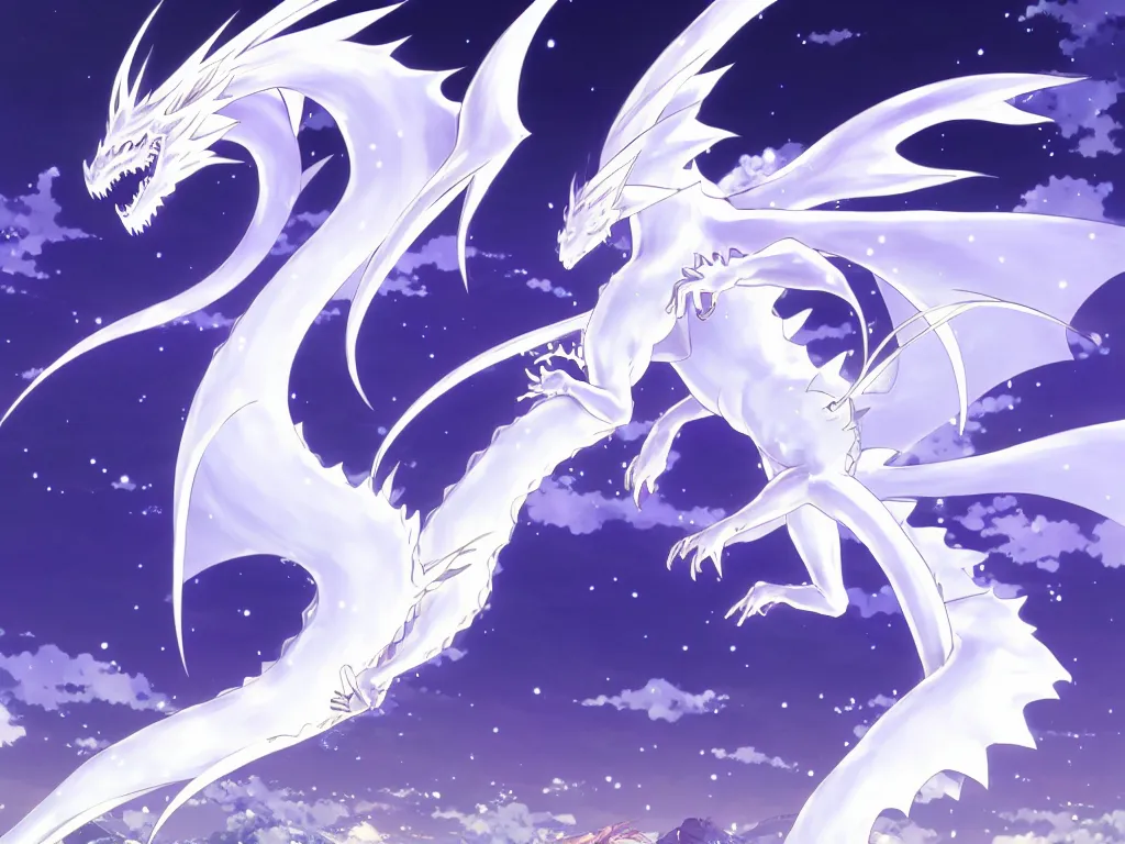 Image similar to anime art full body portrait character concept art, be surrounded by a huge silver white dragon center, in white clouds fairyland, anime key visual of violet evergarden, finely detailed perfect face delicate, raphael lacoste, trending on pixiv fanbox, james jean, violet evergarden, studio ghibli, xision, extremely high quality artwork