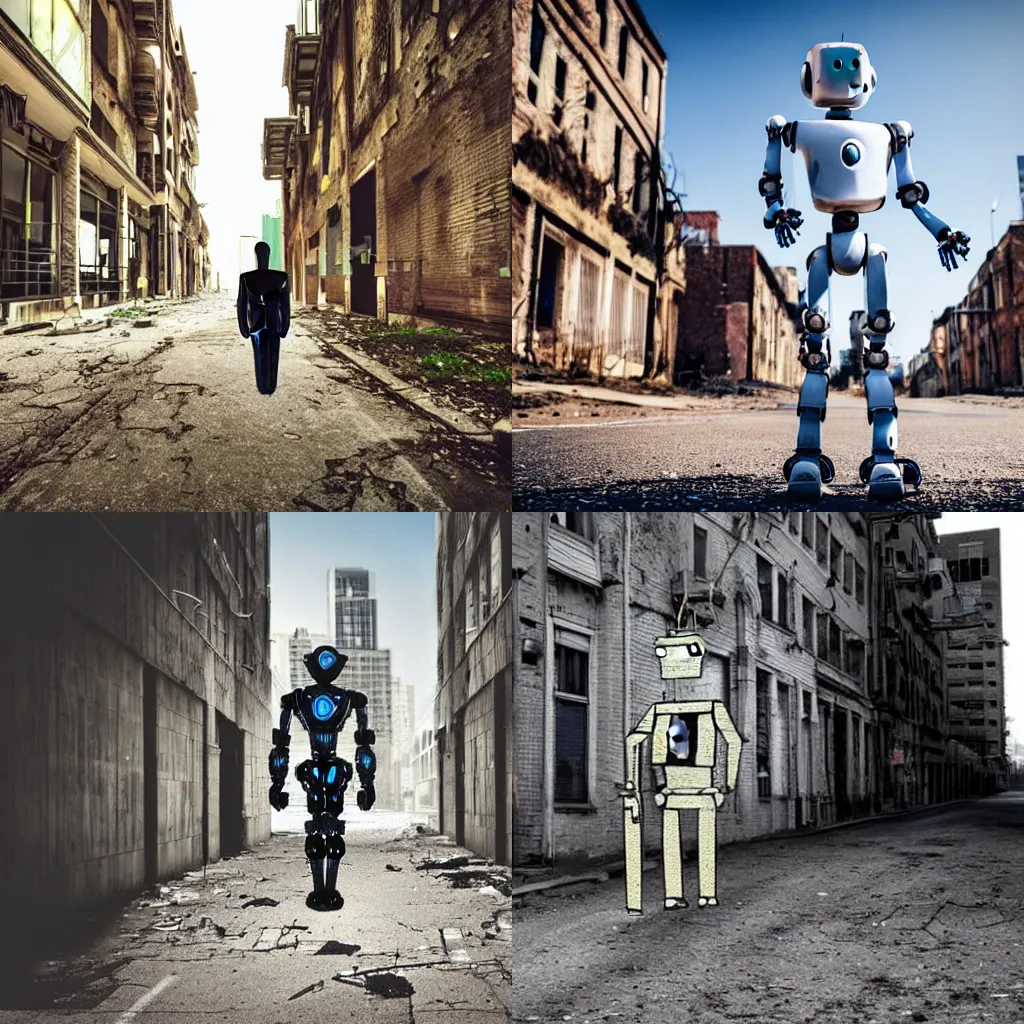 Prompt: robot with human walking through abandoned city