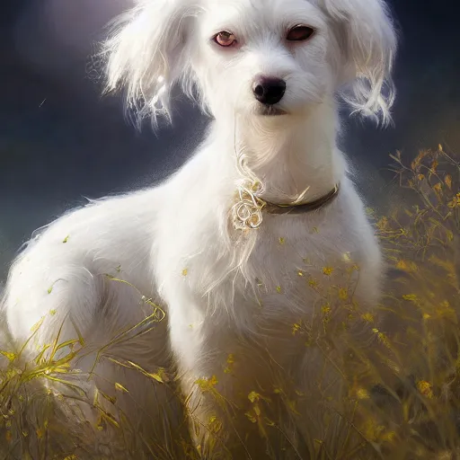 Prompt: small white dog melting in the sun, fantasy, high detail, elegant, digital painting, cinematic lighting, vibrant, intricate, textured skin, highly detailed, artstation, sharp, focus, hdr, unreal engine 5, breathtaking, illustration, anna dittmann, ilya kuvshinov, nikolay makovsky