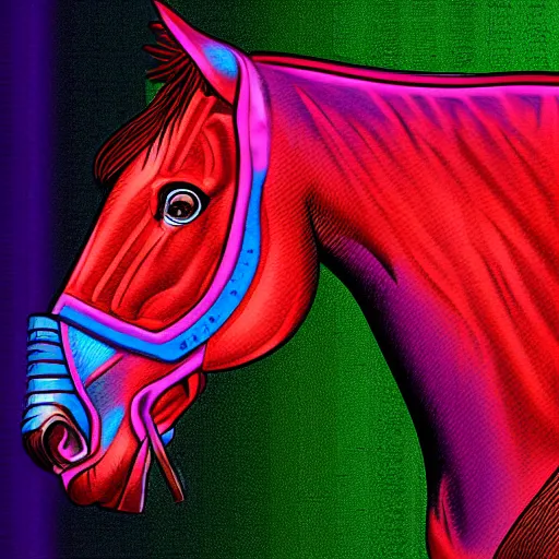 Prompt: completely digital horse, retrowave palette, highly detailed, anatomically correct equine, synth feel, digital art