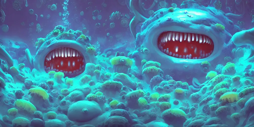 Image similar to of a colorful cloudy deep sea under water with strange cute friendly happy creatures with huge eyes, mouth, long tongue and round teeth appearing from sandy coral, in the style of gehry and gaudi, macro lens, shallow depth of field, highly detailed, digital painting, trending artstation, concept art, illustration, cinematic lighting, photorealism, epic, octane render