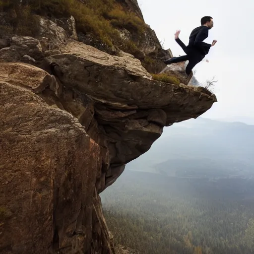 Prompt: guy jumping off a cliff while a ghost watches