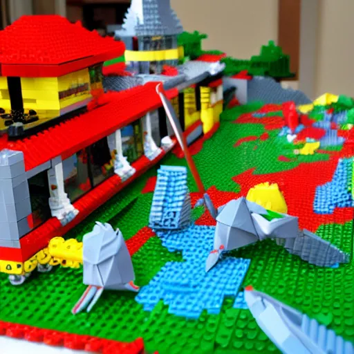 Prompt: origami dragon attacks Lego village !n 4