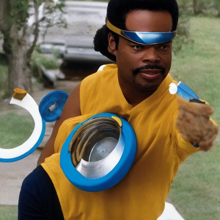 Prompt: geordi laforge wearing visor and a frisbee and random kitchen tools on his head
