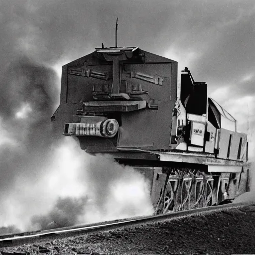 Image similar to A heavily armored war train breaking a steel wall in a battlefield, black and white futuristic photograph