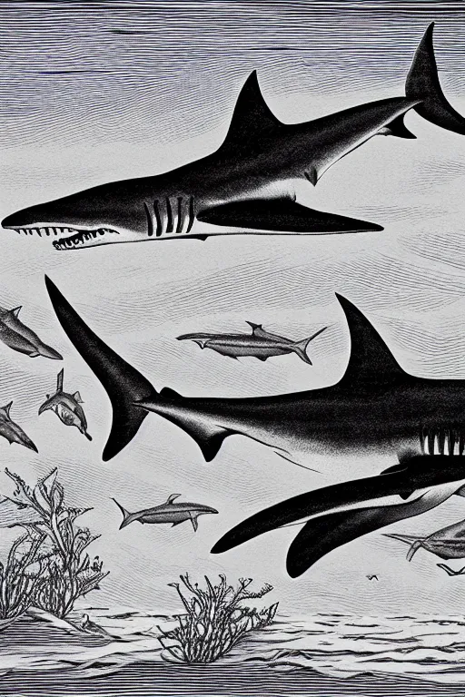 Prompt: a beautiful wood engraving on paper of a school of hammerhead shark, 8 k, frostbite 3 engine, cryengine, dof, trending on artstation, digital art, crepuscular ray