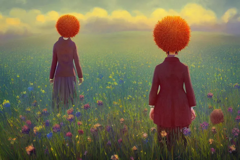 Prompt: giant thistle flower under head, a girl in a suit in field of flowers, surreal photography, sunrise, blue sky, dramatic light, impressionist painting, digital painting, artstation, simon stalenhag