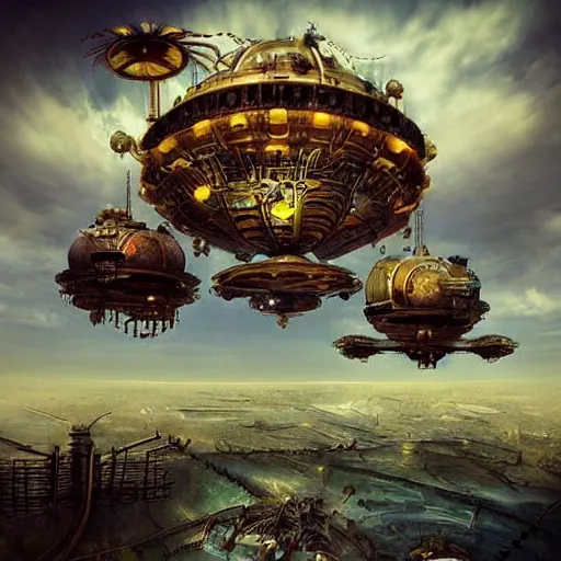 Prompt: flying city in a mechanical flower, sky, steampunk!!!, fantasy art, steampunk, masterpiece, octane, jared wulfe