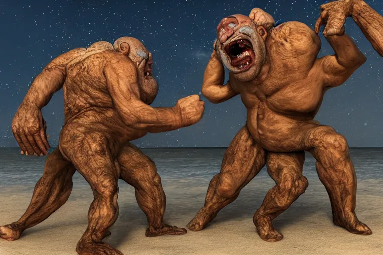 Image similar to photo, two old men!, two hairy fat ugly fight aliens 4 0 1 2 7 on a beach, highly detailed, scary, intricate details, volumetric lighting, front view